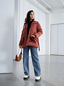 SHEIN Flap Pocket Belted Padded Coat - Burgundy - View 4
