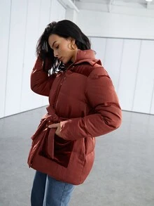 SHEIN Flap Pocket Belted Padded Coat - Burgundy - View 5