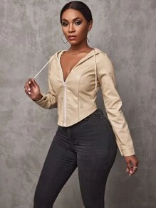 SHEIN SXY 弧形下擺抽繩連帽PU皮革夾克 - 杏色 - 查看 1