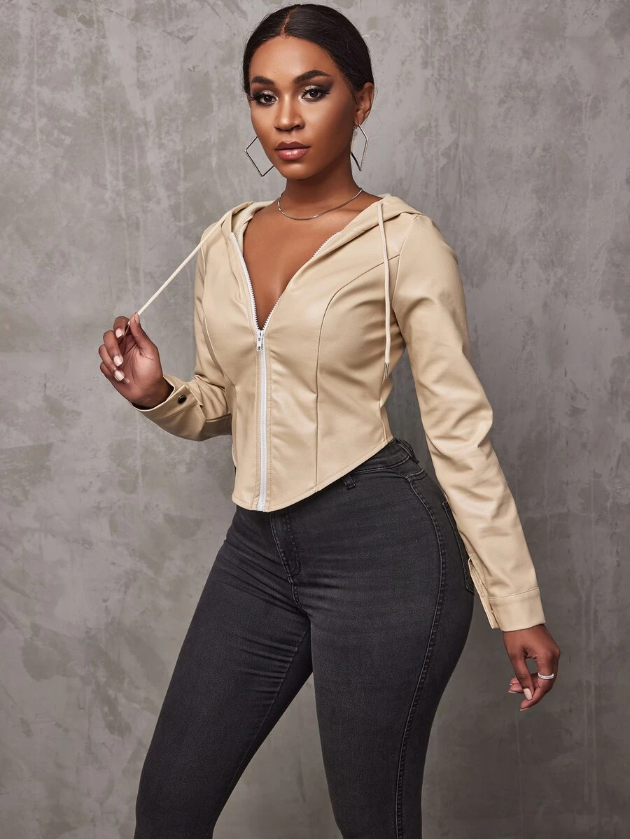 SHEIN SXY 弧形下擺抽繩連帽PU皮革夾克 - 杏色 - 查看 1