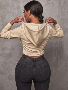 SHEIN SXY 弧形下擺抽繩連帽PU皮革夾克 - 杏色 - 查看 2