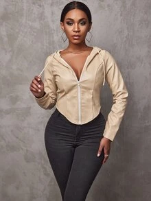 SHEIN SXY 弧形下擺抽繩連帽PU皮革夾克 - 杏色 - 查看 3