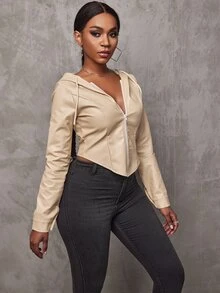 SHEIN SXY 弧形下擺抽繩連帽PU皮革夾克 - 杏色 - 查看 4