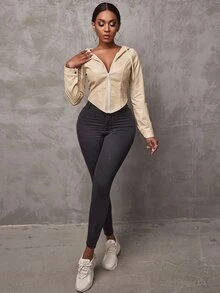 SHEIN SXY 弧形下擺抽繩連帽PU皮革夾克 - 杏色 - 查看 5