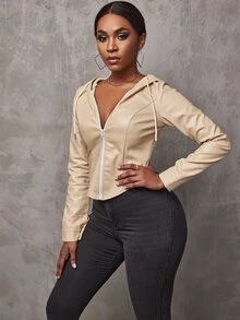 SHEIN SXY 弧形下擺抽繩連帽PU皮革夾克 - 杏色 - 查看 6