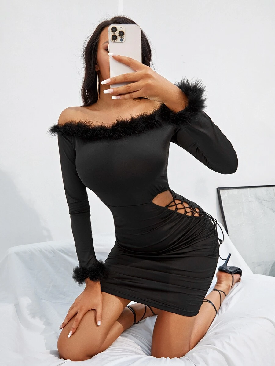 Off Shoulder Fuzzy Trim Cut Out Lace Up Side Bodycon Dress - Black - View 1