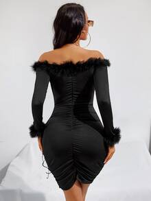 Off Shoulder Fuzzy Trim Cut Out Lace Up Side Bodycon Dress - Black - View 3