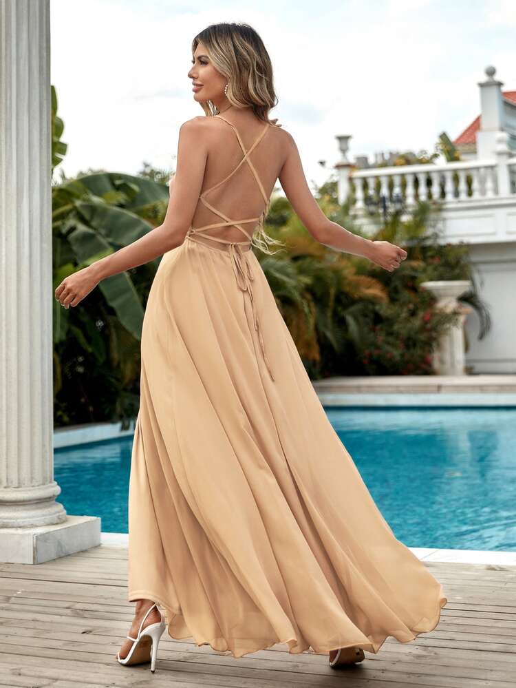 Criss Cross Back Split Thigh Cami Bridesmaid Dress