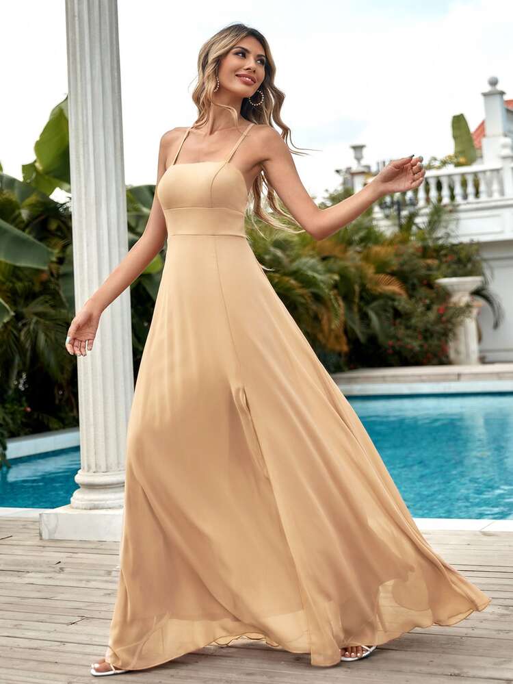 Criss Cross Back Split Thigh Cami Bridesmaid Dress