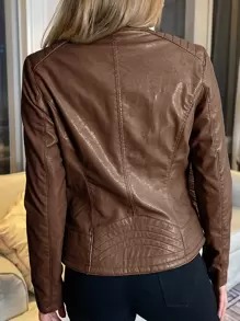 复古拉链立领修身 PU 皮革飞行员机车夹克短款外套 - 巧克力棕 - 查看 2