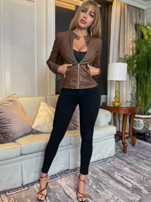 复古拉链立领修身 PU 皮革飞行员机车夹克短款外套 - 巧克力棕 - 查看 3