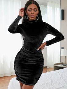 SHEIN Slayr Ruched Mock Neck Velvet Bodycon Dress - Black - View 5