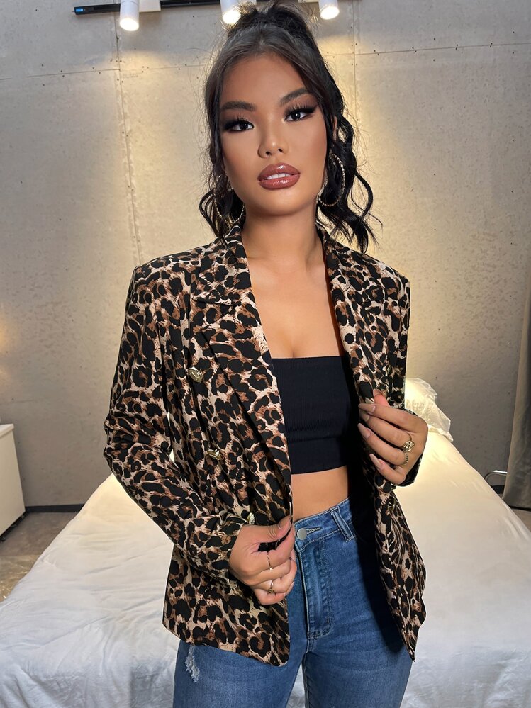 SHEIN Leopard Print Double Breasted Blazer - Multicolor - View 1