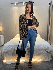 SHEIN Leopard Print Double Breasted Blazer - Multicolor - View 4