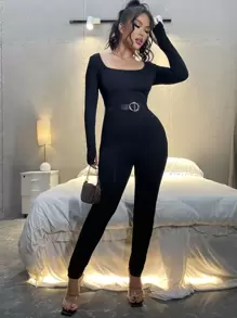 SHEIN Áo liền quần nữ Gân đan màu trơn Thanh lịch - màu đen - Xem 1