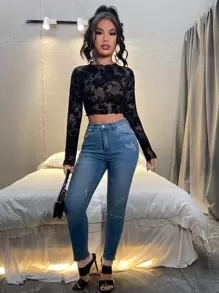 SHEIN Privé Floral Mesh Lettuce Trim Crop Women Tops - Black - View 4