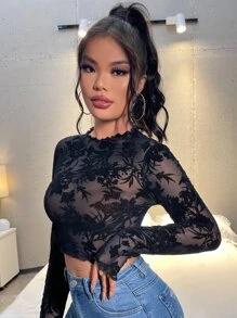 SHEIN Privé Floral Mesh Lettuce Trim Crop Women Tops - Black - View 5