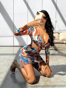 Đầm Hội Chữ thập Cắt ra Dây kéo Tất cả trên in Gợi cảm - Nhiều màu - Xem 4