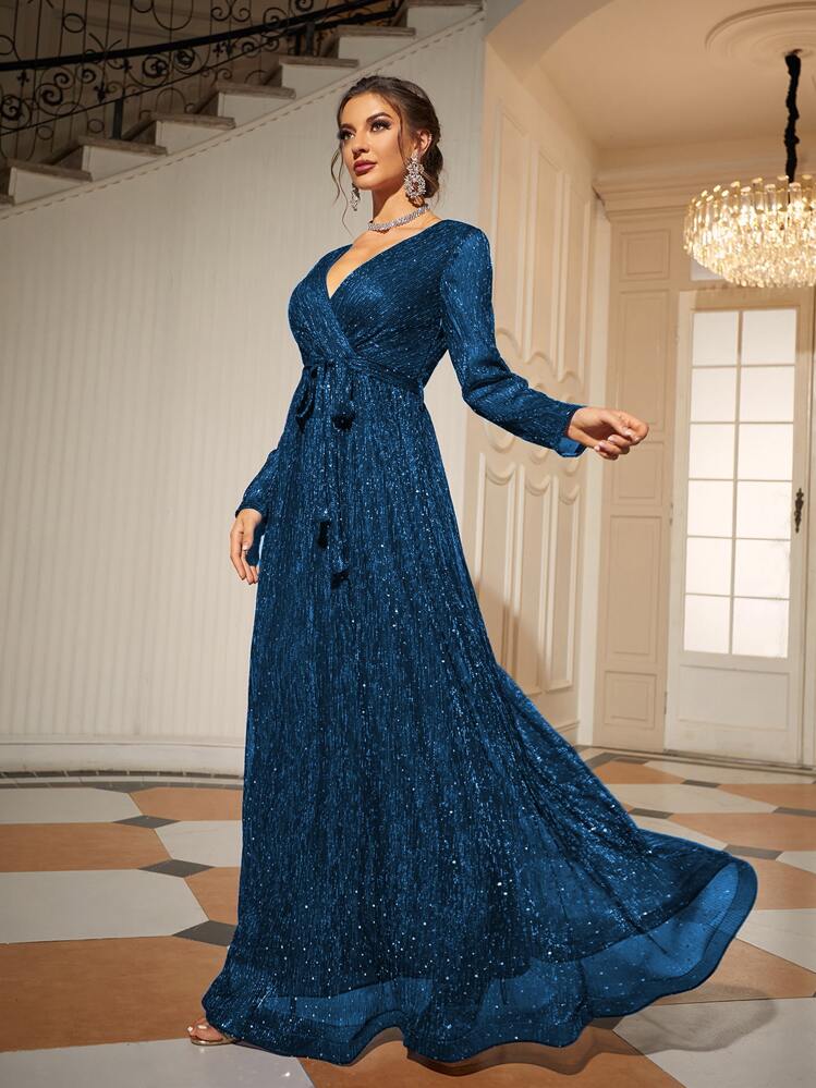 shein long sleeve sequin dress SHEIN Modely Shawl Collar Lantern Sleeve Knot Side Contrast Sequin Dress