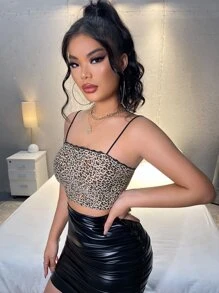 SHEIN SXY Áo hai dây Tương phản ren Báo Gợi cảm - Nhiều màu - Xem 3