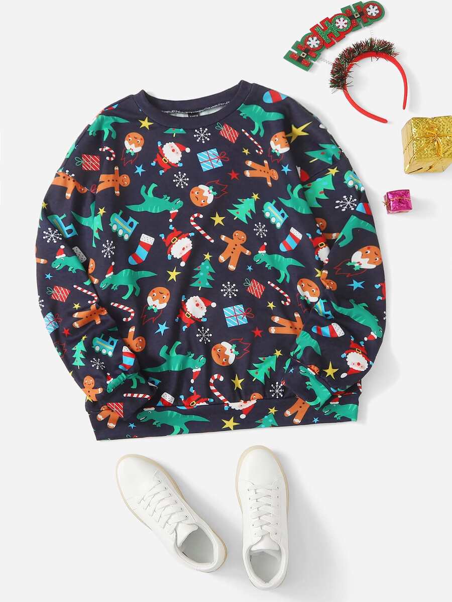 SHEIN Áo nỉ Giáng sinh In Toàn bộ Thả vai - Nhiều màu - Xem 1