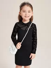 SHEIN Toddler Girls Geo Mesh Insert Mock Neck Fitted Dress - Black - View 1