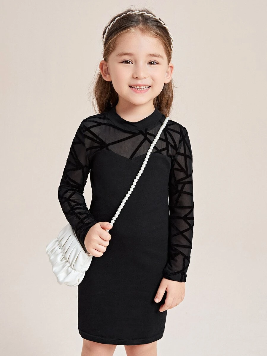 SHEIN Toddler Girls Geo Mesh Insert Mock Neck Fitted Dress - Black - View 1