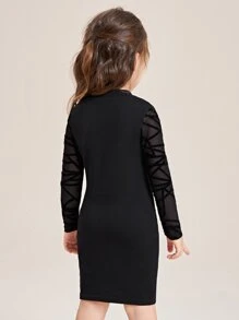 SHEIN Toddler Girls Geo Mesh Insert Mock Neck Fitted Dress - Black - View 2