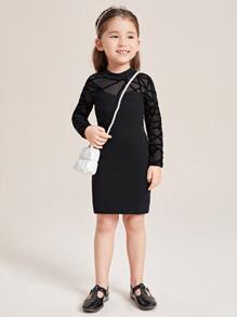 SHEIN Toddler Girls Geo Mesh Insert Mock Neck Fitted Dress - Black - View 3