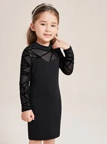 SHEIN Toddler Girls Geo Mesh Insert Mock Neck Fitted Dress - Black - View 4