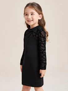 SHEIN Toddler Girls Geo Mesh Insert Mock Neck Fitted Dress - Black - View 5