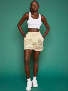 SHEINNeu Letter And Figure Graphic Drawstring Waist Shorts - Apricot - View 3