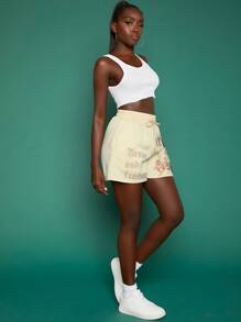 SHEINNeu Letter And Figure Graphic Drawstring Waist Shorts - Apricot - View 4