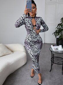 SHEIN SXY Đầm Cắt ra Tách cao Báo Gợi cảm - Đen và trắng - Xem 1