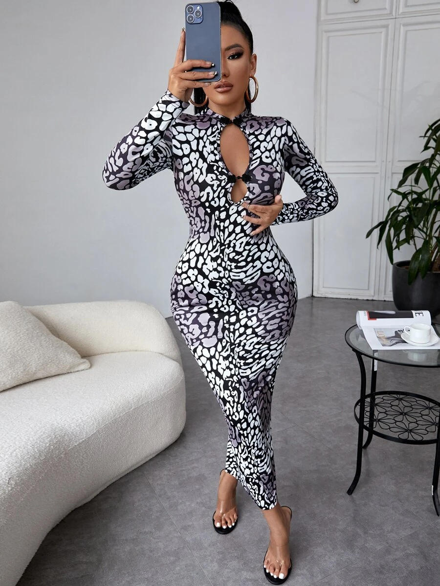 SHEIN SXY Đầm Cắt ra Tách cao Báo Gợi cảm - Đen và trắng - Xem 1