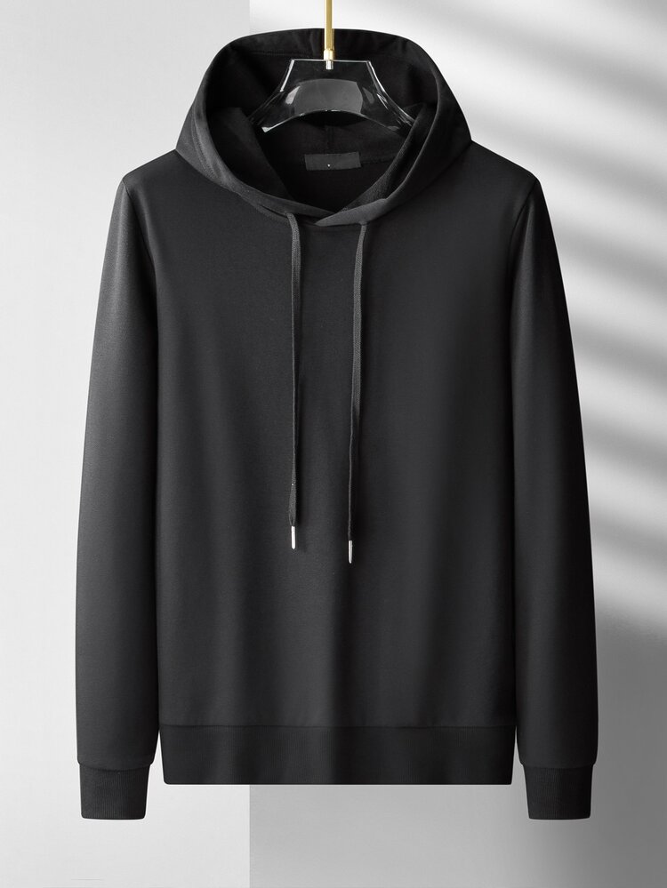 Men Solid Drawstring Hoodie - Black - View 1