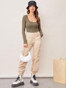 SHEIN Scoop Neck Slim Fit Bodysuit - Mocha Brown - View 5