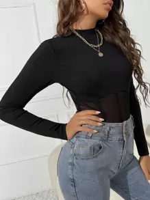 SHEIN Privé Mock Neck Mesh Panel Black Bodycon Bodysuit - Black - View 5