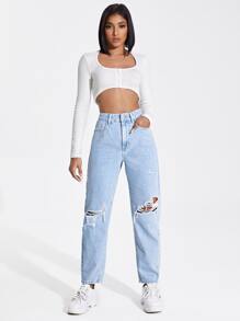 SHEIN Jeans mom rotos de talle alto - Lavado ligero - Ver 3