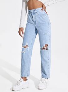 SHEIN Jeans mom rotos de talle alto - Lavado ligero - Ver 4