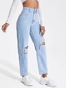 SHEIN Jeans mom rotos de talle alto - Lavado ligero - Ver 5