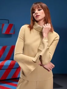 Reema Turki 高領喇叭袖上衣和下擺開叉喇叭褲 - 駝色 - 查看 3