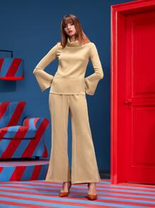 Reema Turki 高領喇叭袖上衣和下擺開叉喇叭褲 - 駝色 - 查看 4