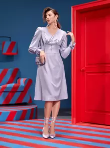 Reema Turki Ruched Knot Cuff Satin Dress - Lilac Purple - View 1