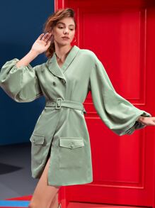 Reema Turki Lantern Sleeve Flap Pocket Asymmetrical Neck Belted Dress