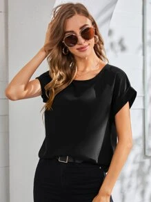 SHEIN LUNE Rolled Cuff Batwing Sleeve Blouse - Black - View 3