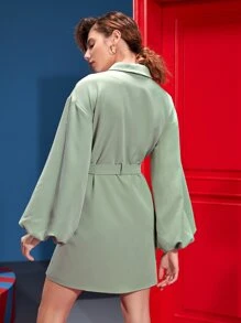 Reema Turki Lantern Sleeve Flap Pocket Asymmetrical Neck Belted Dress