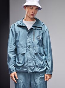 Tariqual Men Letter Graphic Flap Pocket Drawstring Hooded Zipper Jacket - Baby Blue - View 1