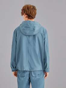 Tariqual Men Letter Graphic Flap Pocket Drawstring Hooded Zipper Jacket - Baby Blue - View 2