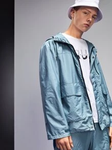 Tariqual Men Letter Graphic Flap Pocket Drawstring Hooded Zipper Jacket - Baby Blue - View 4